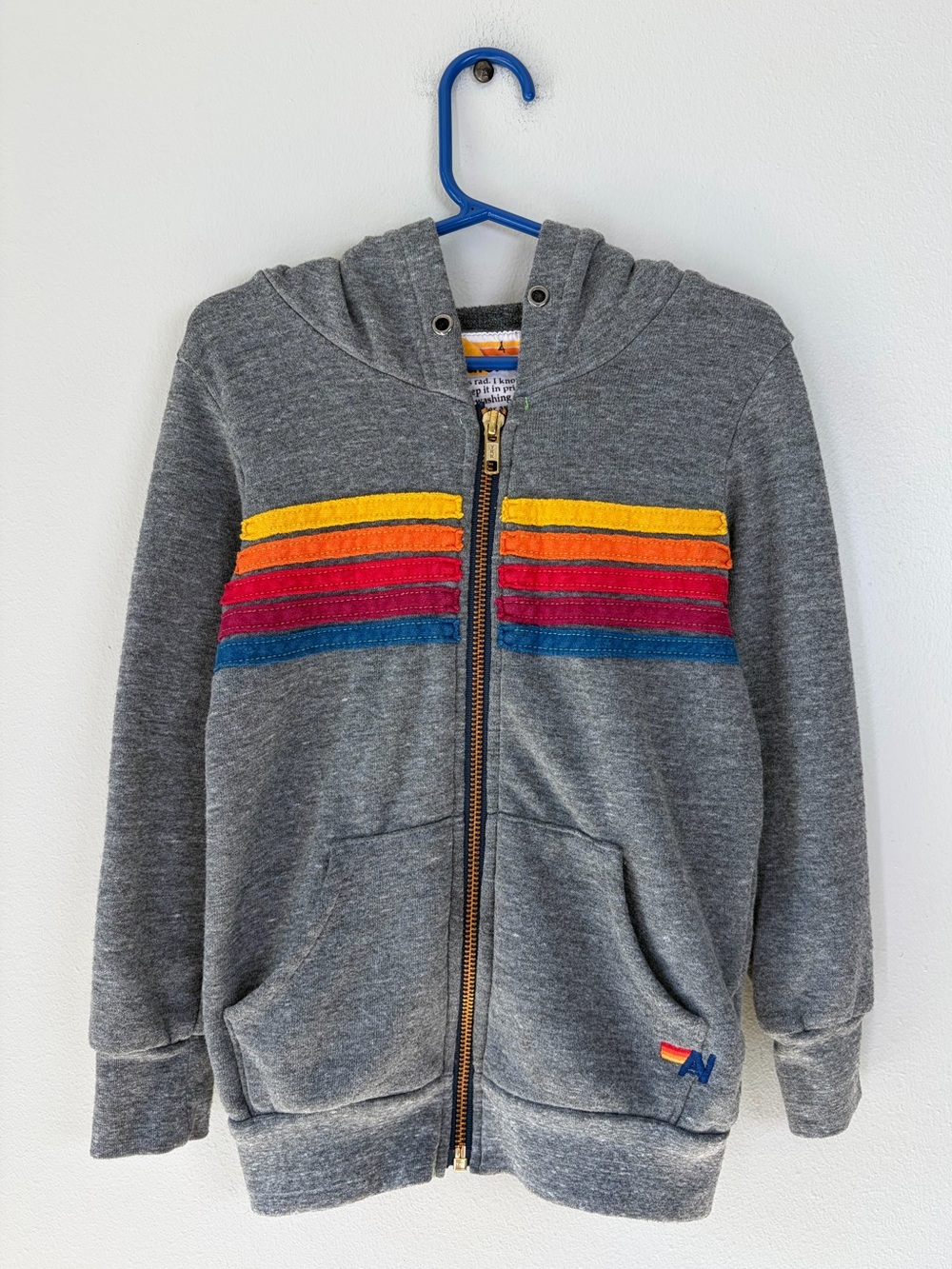 Aviator Nation Kids Heather Gray Five Stripe Zip Up Hoodie Unisex Size 4